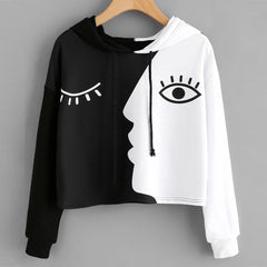 Women Ladies Sweatshirt Hooded Long Sleeve Crop Patchwork Blouse Pullover Tops